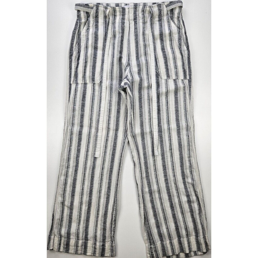 Gap Women’s Petite 10 Striped Linen Cotton Wide-Leg High Rise Pants Pockets